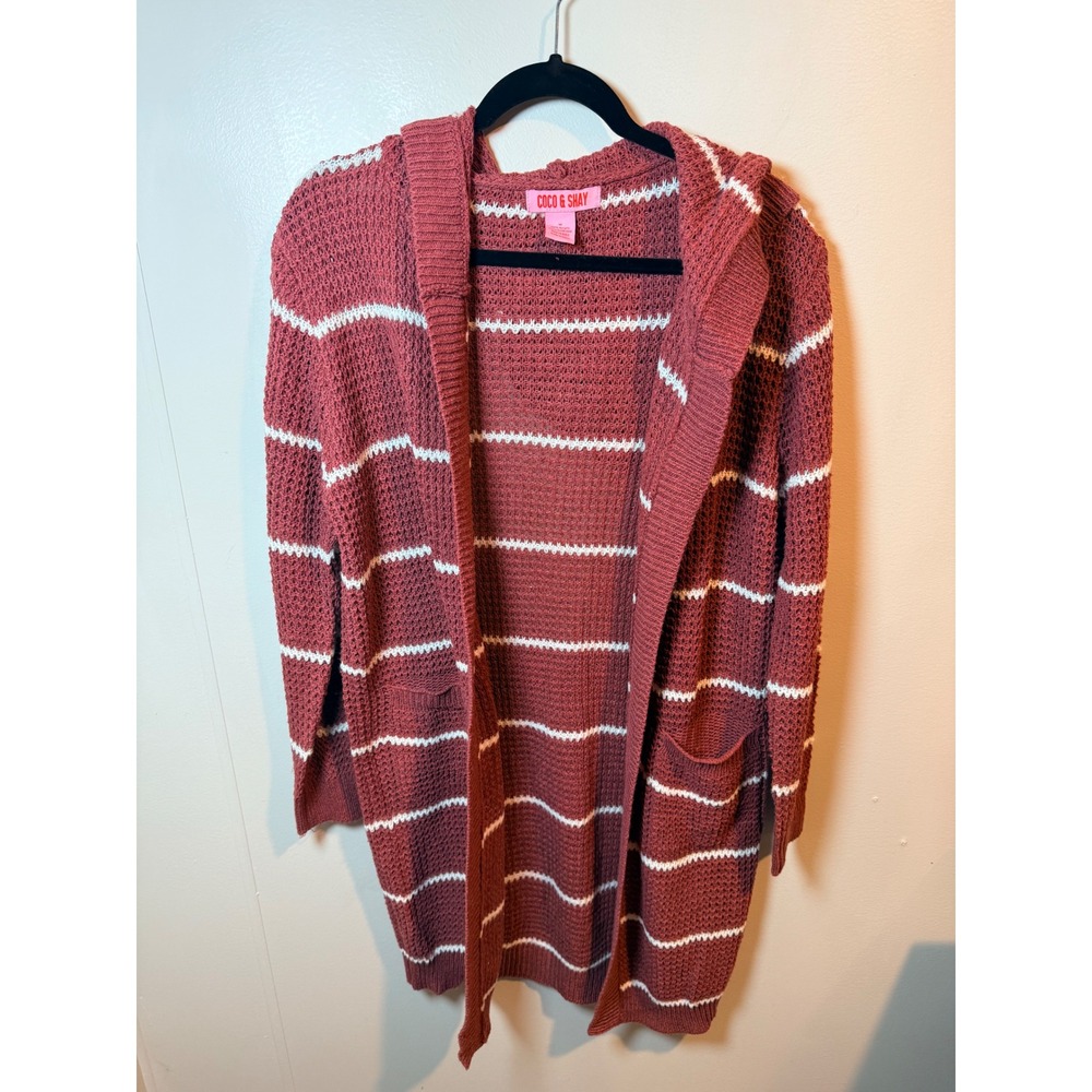 Coco & Shay Striped Hooded Long Cardigan Sweater Women Medium Pockets Rose White